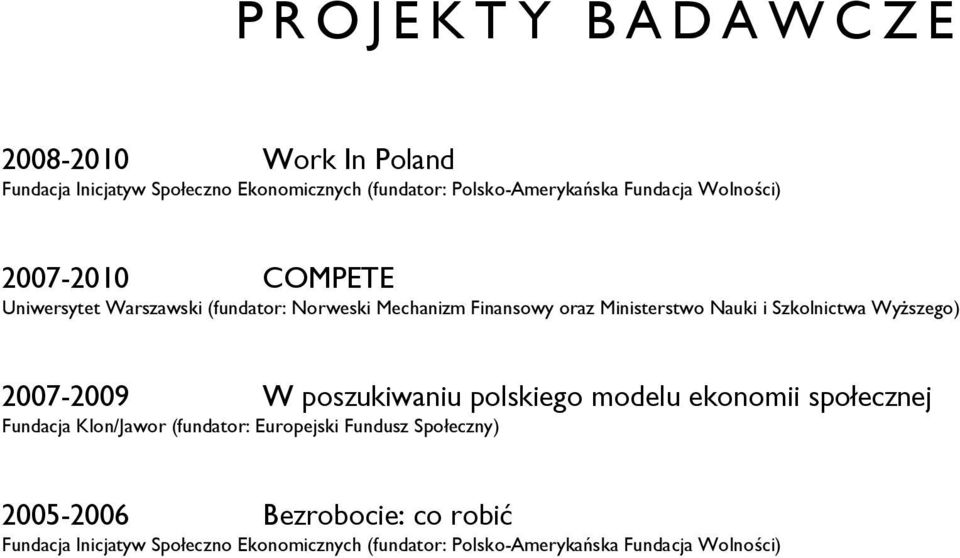 Szkolnictwa Wyższego) 2007-2009 W poszukiwaniu polskiego modelu ekonomii społecznej Fundacja Klon/Jawor (fundator: Europejski