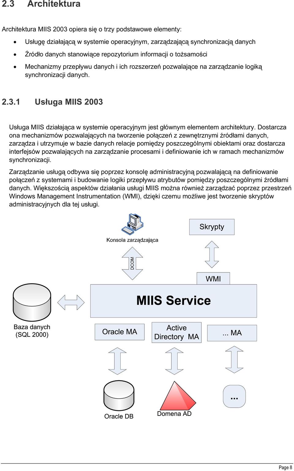 1 Usługa MIIS 2003 Usługa MIIS działająca w systemie operacyjnym jest głównym elementem architektury.