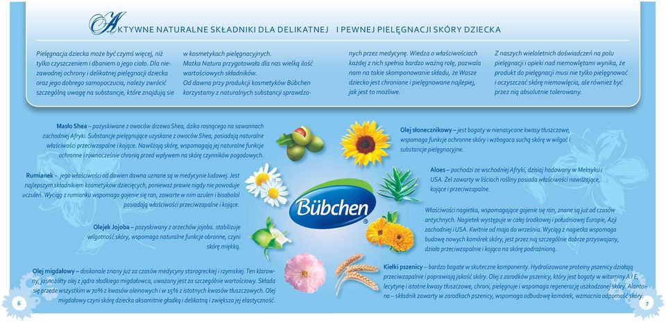 Matka Natura przygotowała dla nas wielką ilość wartościowych składników. Od dawna przy produkcji kosmetyków Bübchen korzystamy z naturalnych substancji sprawdzo- nych przez medycynę.