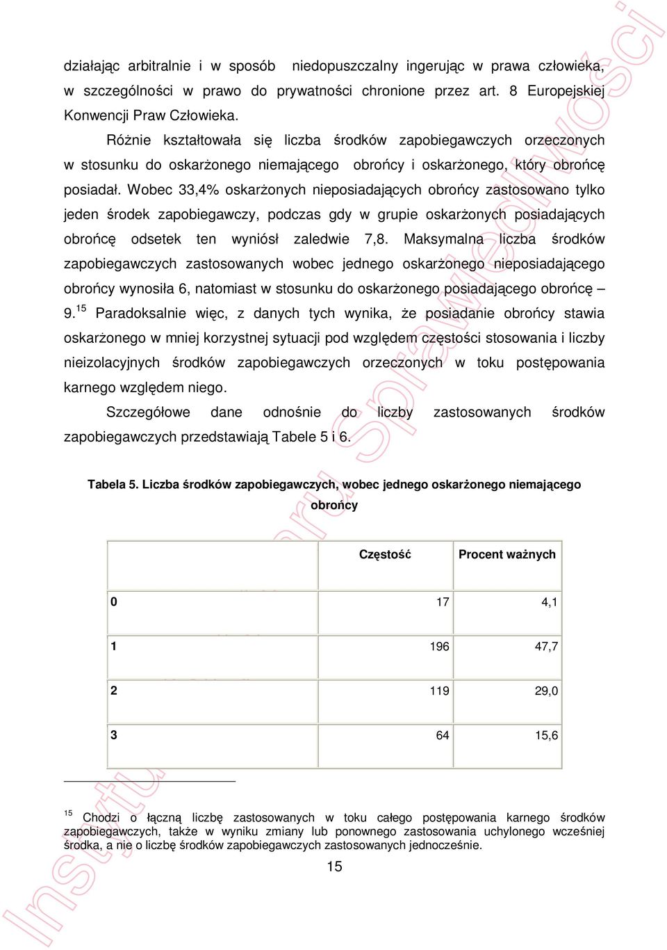 Wobec 33,4% oskar onych nieposiadaj cych obro cy zastosowano tylko jeden rodek zapobiegawczy, podczas gdy w grupie oskar onych posiadaj cych obro odsetek ten wyniós zaledwie 7,8.