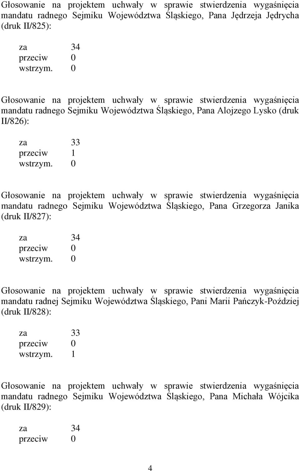 0 Głosowanie na projektem uchwały w sprawie stwierdzenia wygaśnięcia mandatu radnego Sejmiku Województwa Śląskiego, Pana Grzegorza Janika (druk II/827): za 34 przeciw 0 wstrzym.