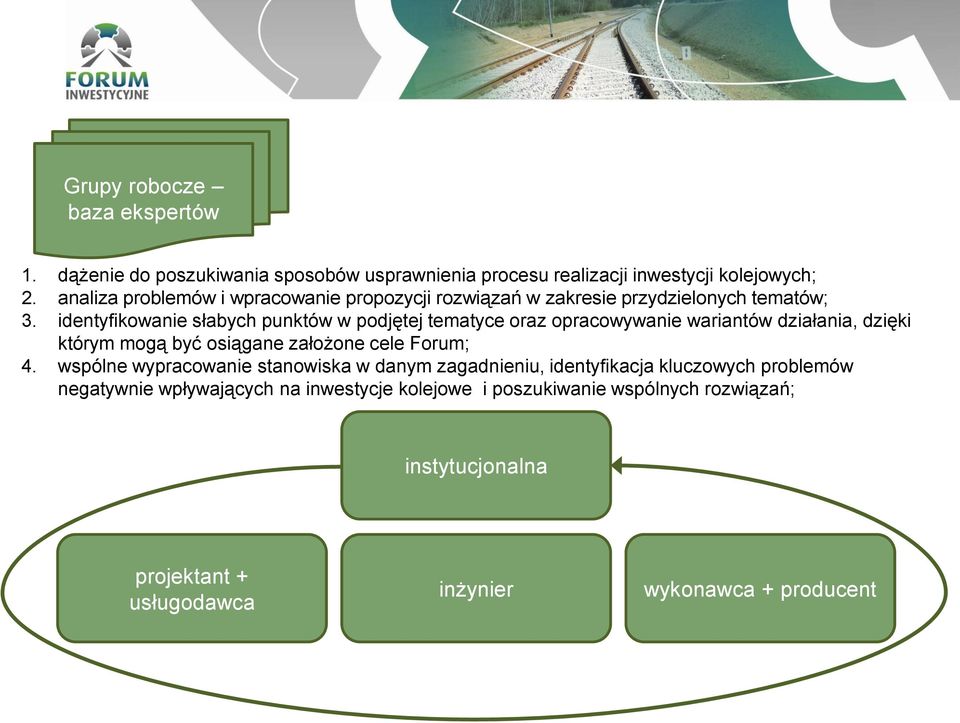 identyfikowanie słabych punktów w podjętej tematyce oraz opracowywanie wariantów działania, dzięki którym mogą być osiągane założone cele Forum; 4.