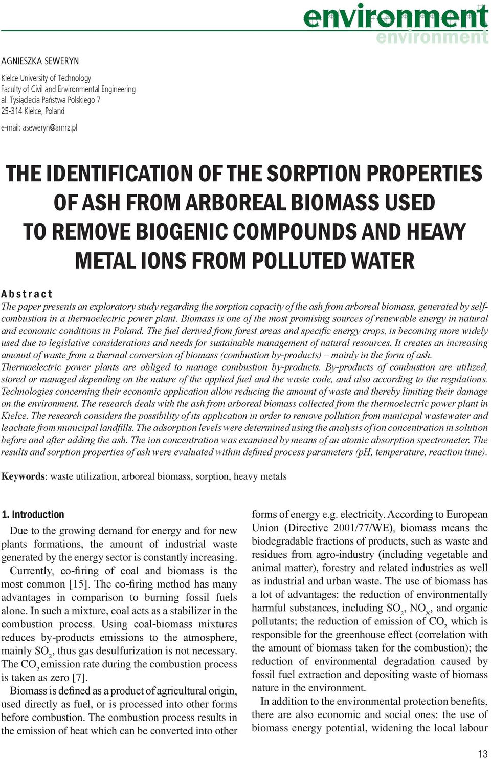 exploratory study regarding the sorption capacity of the ash from arboreal biomass, generated by selfcombustion in a thermoelectric power plant.