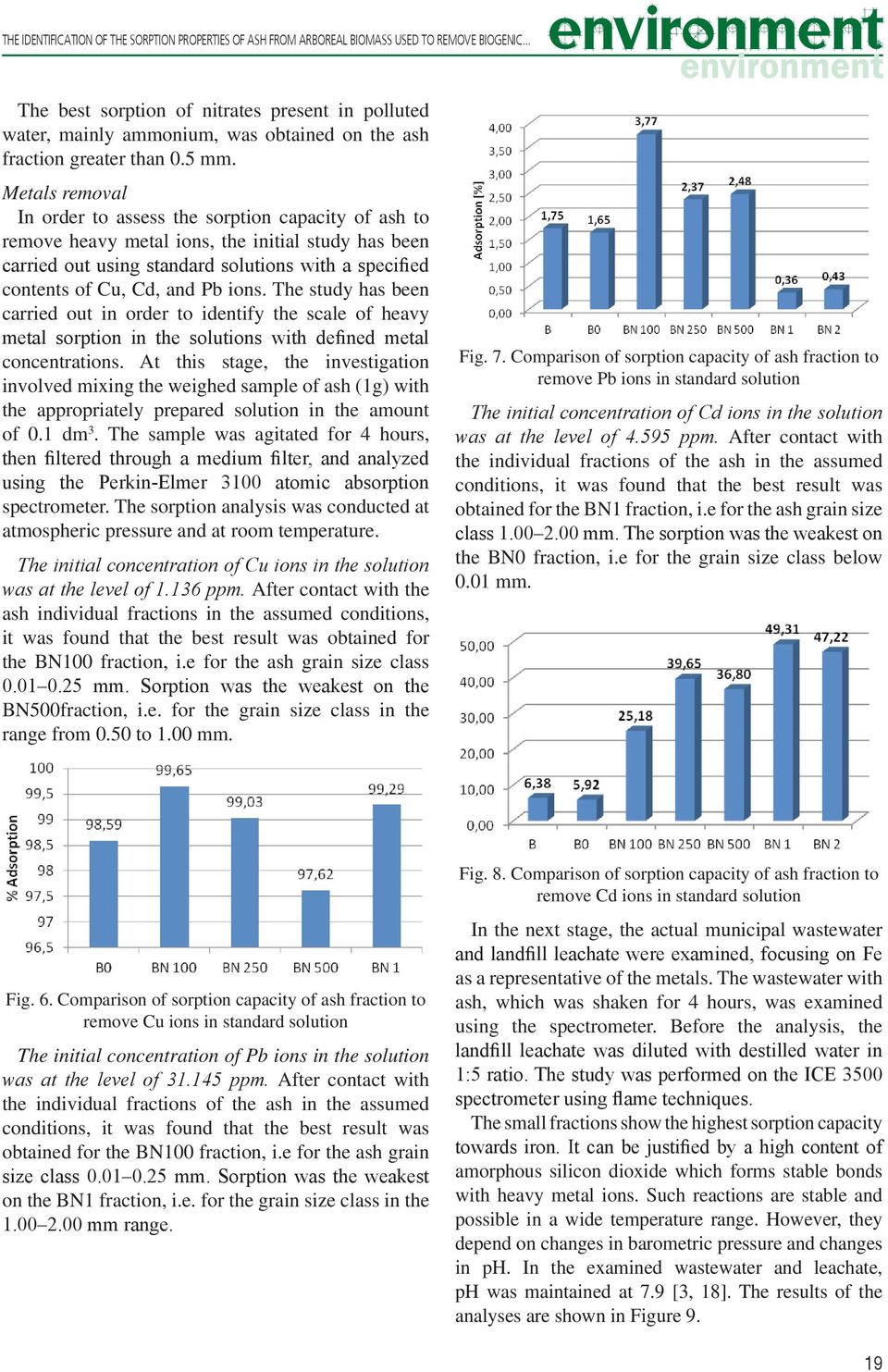 Metals removal In order to assess the sorption capacity of ash to remove heavy metal ions, the initial study has been carried out using standard solutions with a specified contents of Cu, Cd, and Pb