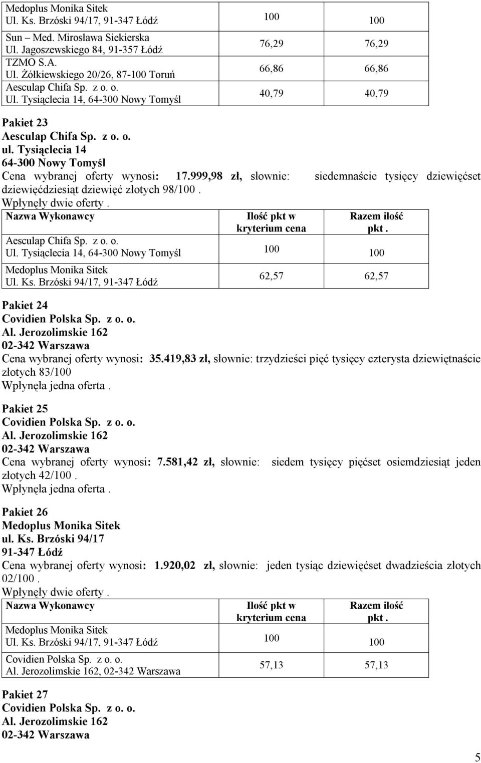 Wpłynęły dwie oferty. Ul. Tysiąclecia 14, 100 100 Ul. Ks. Brzóski 94/17, 91-347 Łódź 62,57 62,57 Pakiet 24 Cena wybranej oferty wynosi: 35.