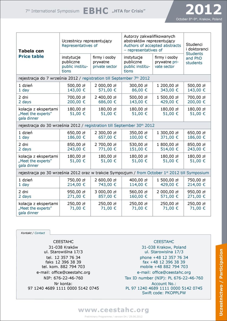 private sector Studenci i doktoranci Students and PhD students rejestracja do 7 września / registration till September 7 th 1 dzień 1 day 500,00 zł 143,00 2 000,00 zł 571,00 300,00 zł 86,00 1 200,00