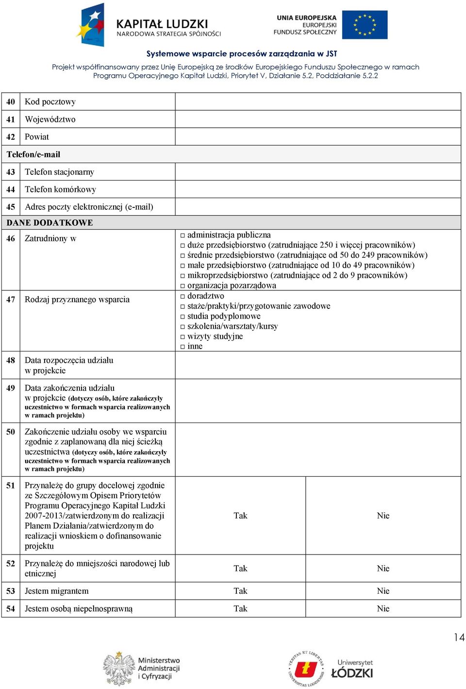 pracowników) małe przedsiębiorstwo (zatrudniające od 10 do 49 pracowników) mikroprzedsiębiorstwo (zatrudniające od 2 do 9 pracowników) organizacja pozarządowa doradztwo staże/praktyki/przygotowanie