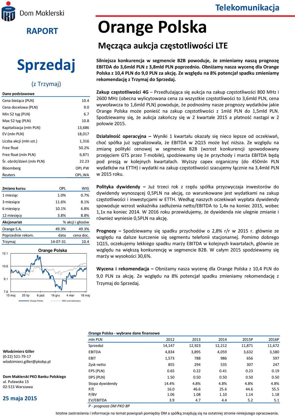 WA Zmiana kursu OPL WIG 1 miesiąc 1.%.7% 3 miesiące 11.6% 8.1% 6 miesięcy 1.1% 6.8% 12 miesięcy 3.8% 8.8% Akcjonariat % akcji i głosów Orange S.A. 49.3% 49.3% Poprzednie rekom. data cena doc.