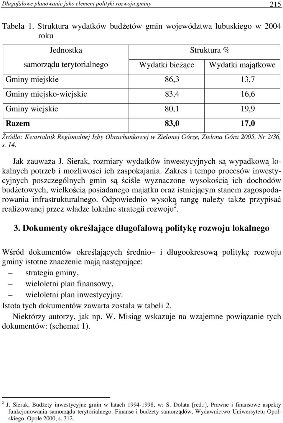 83,4 16,6 Gminy wiejskie 80,1 19,9 Razem 83,0 17,0 Źródło: Kwartalnik Regionalnej Izby Obrachunkowej w Zielonej Górze, Zielona Góra 2005, Nr 2/36, s. 14. Jak zauważa J.