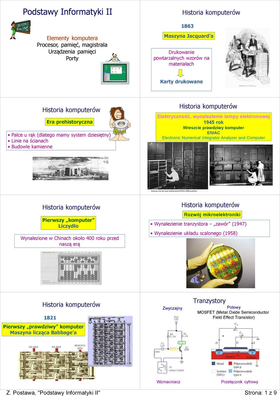 ENIAC Electronic Numerical Integrator Analyzer and Computer Pierwszy komputer Liczydło Wynalezione w Chinach około 400 roku przed naszą erą Rozwój mikroelektroniki Wynalezienie tranzystora zawór