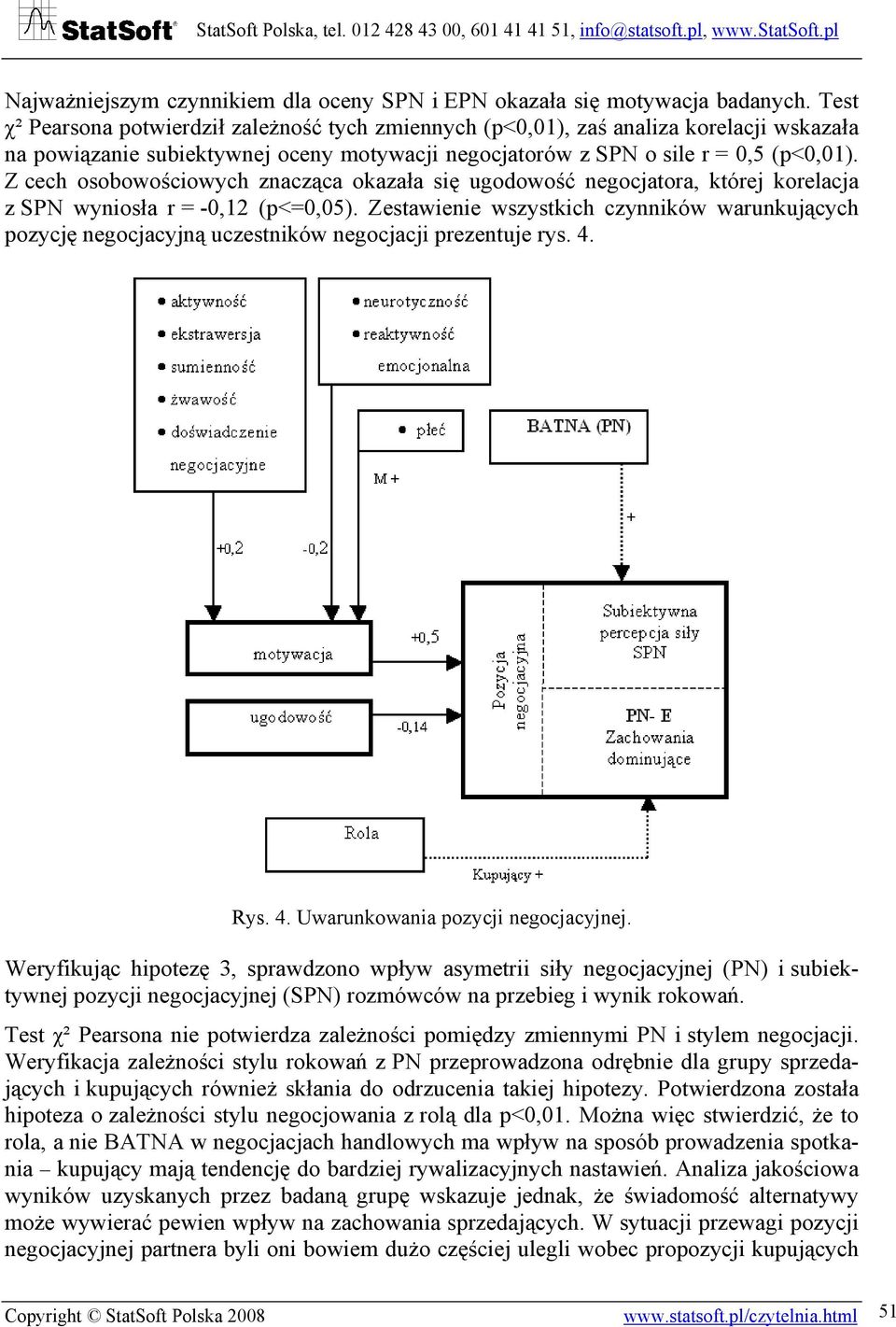 Z cech osobowościowych znacząca okazała się ugodowość negocjatora, której korelacja z SPN wyniosła r = -0,12 (p<=0,05).