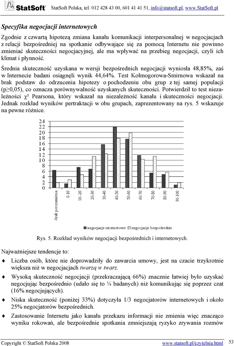 Średnia skuteczność uzyskana w wersji bezpośrednich negocjacji wyniosła 48,85%, zaś w Internecie badani osiągnęli wynik 44,64%.