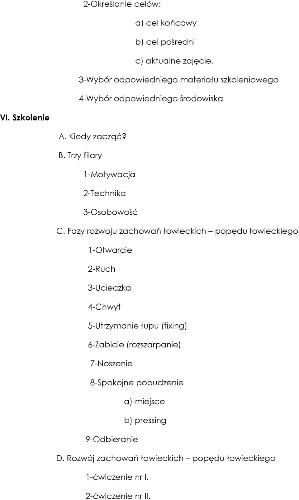 Fazy rozwoju zachowań łowieckich popędu łowieckiego 1-Otwarcie 2-Ruch 3-Ucieczka 4-Chwyt 5-Utrzymanie łupu (fixing) 6-Zabicie