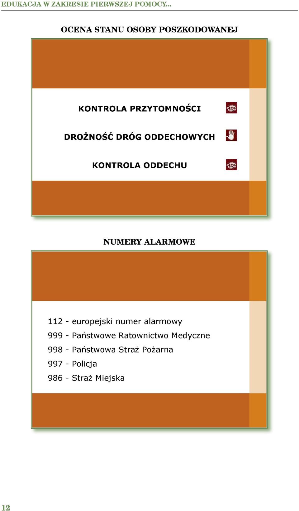 ODDECHOWYCH DROŻNOŚĆ DRÓG ODDECHOWYCH KONTROLA ODDECHU KONTROLA ODDECHU NUMERY ALARMOWE NUMERY NUMERY ALARMOWE ALARMOWE 112 - europejski numer