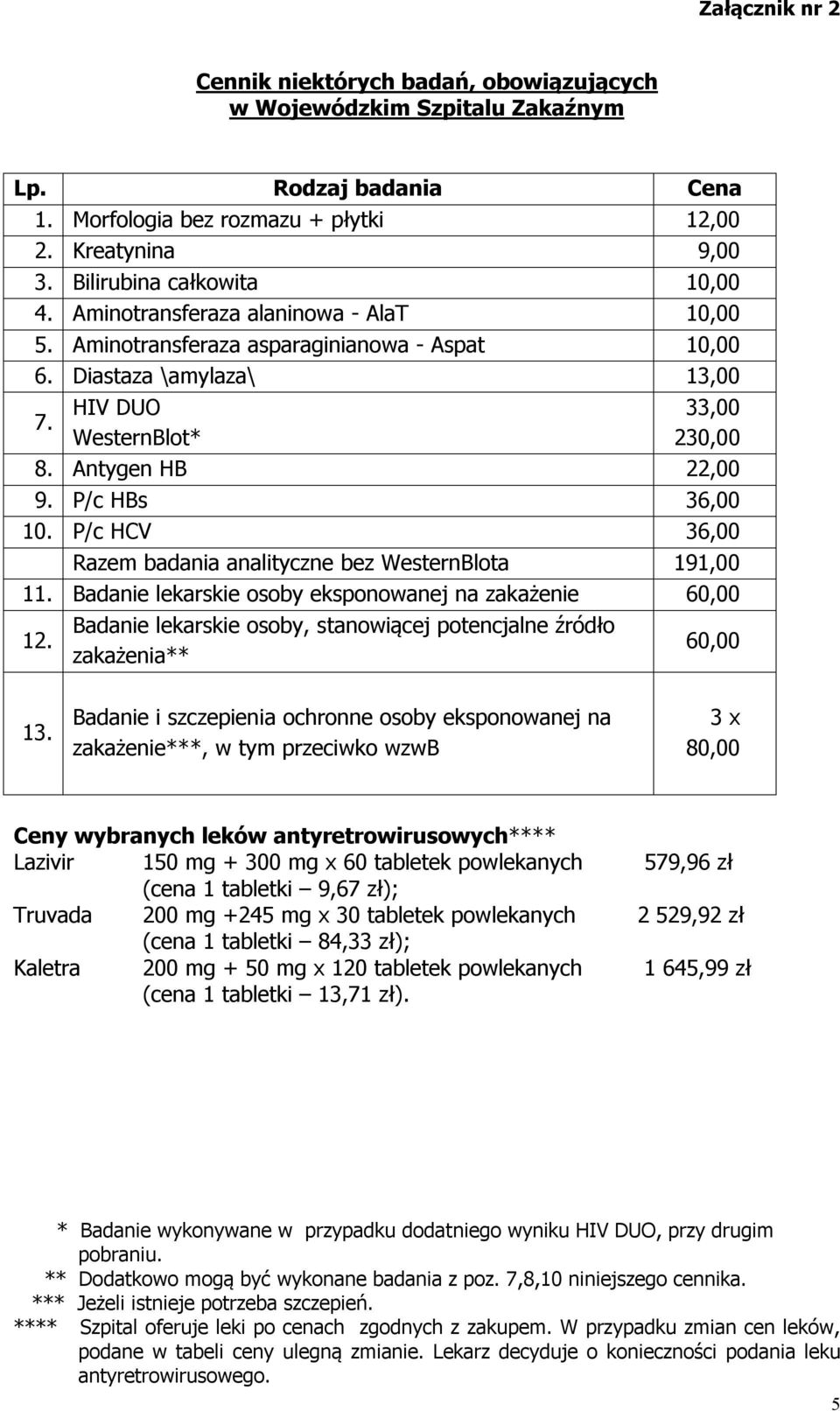 Antygen HB 22,00 9. P/c HBs 36,00 10. P/c HCV 36,00 Razem badania analityczne bez WesternBlota 191,00 11.