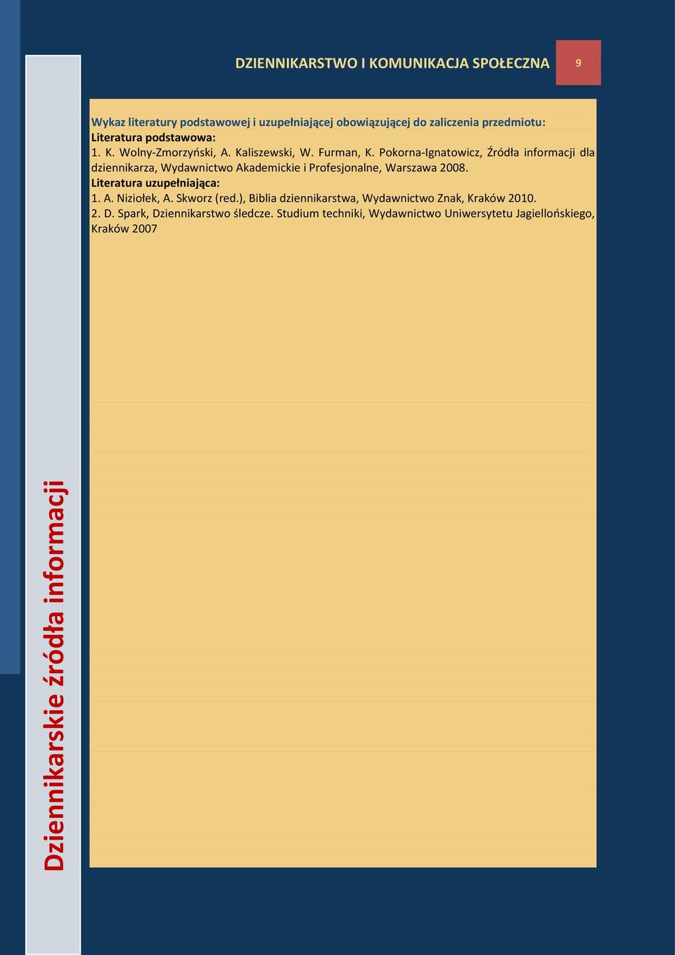 Pokorna-Ignatowicz, Źródła informacji dla dziennikarza, Wydawnictwo Akademickie i Profesjonalne, Warszawa 2008. Literatura uzupełniająca: 1. A. Niziołek, A.