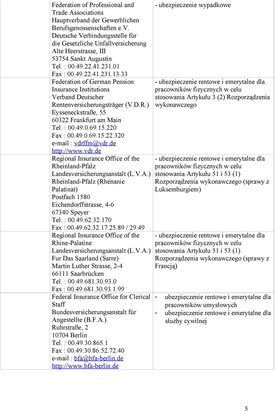 : 00.49.0.69.15.220 Fax : 00.49.0.69.15.22.320 e-mail : vdrffm@vdr.de http://www.vdr.de Regional Insurance Office of the Rheinland-Pfalz Landesversicherungsanstalt (L.V.A.