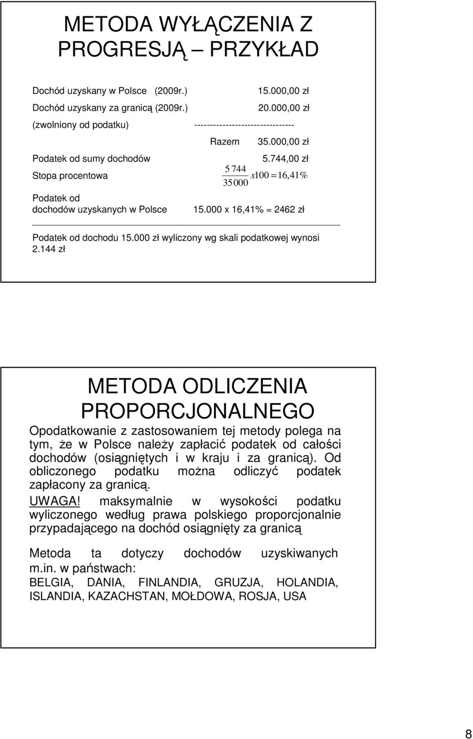 744,00 zł x100 = 16,41% Podatek od dochodów uzyskanych w Polsce 15.000 x 16,41% = 2462 zł Podatek od dochodu 15.000 zł wyliczony wg skali podatkowej wynosi 2.