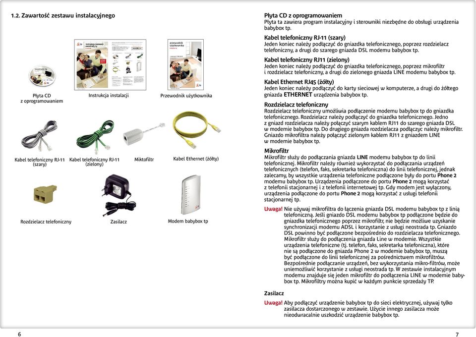 Kabel telefoniczny RJ11 (zielony) Jeden koniec należy podłączyć do gniazdka telefonicznego, poprzez mikrofiltr i rozdzielacz telefoniczny, a drugi do zielonego gniazda LINE modemu babybox tp.