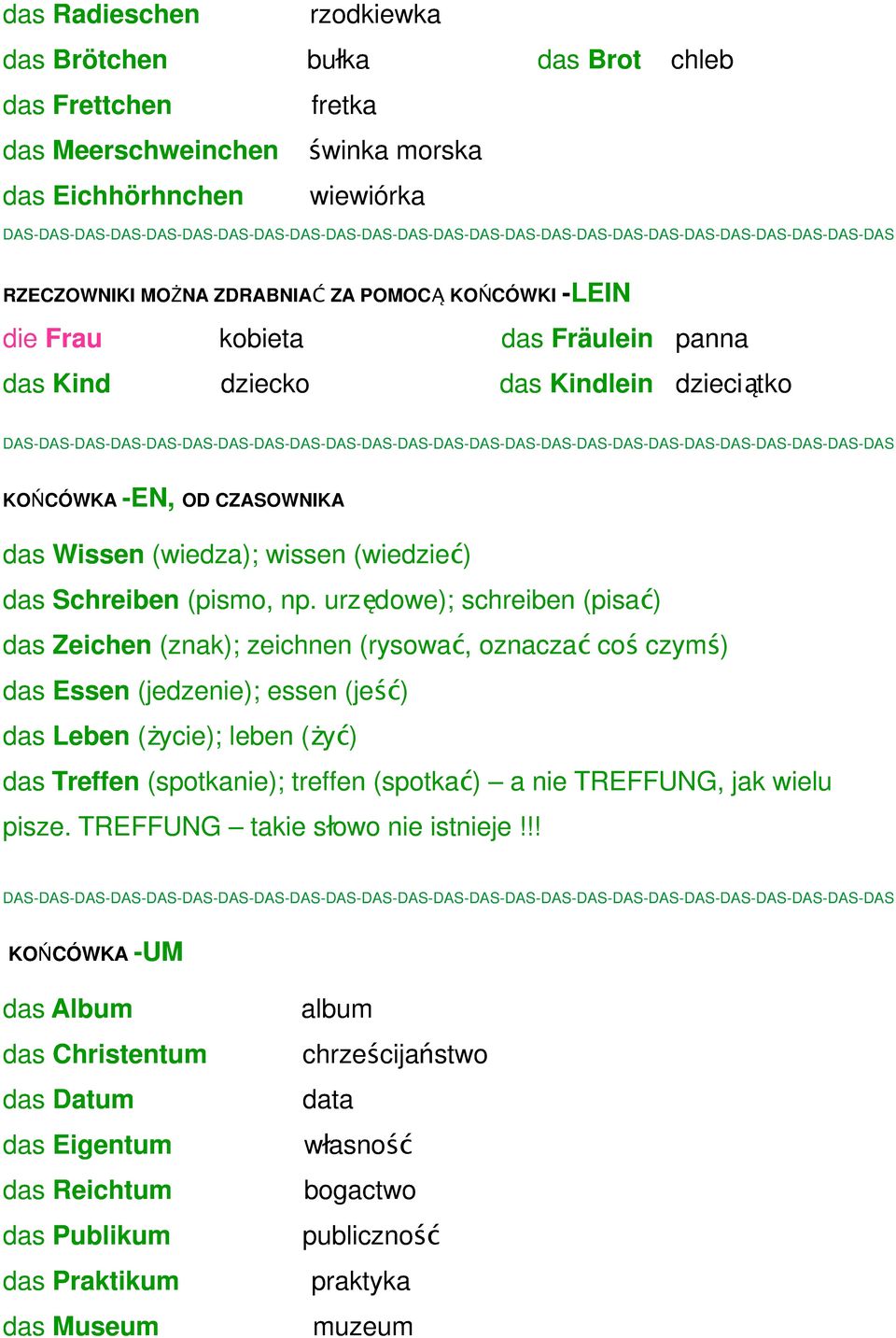 urzędowe); schreiben (pisa ć) das Zeichen (znak); zeichnen (rysowa ć, oznacza ć co ś czym ś) das Essen (jedzenie); essen (je ść) das Leben ( życie); leben ( ży ć) das Treffen (spotkanie); treffen