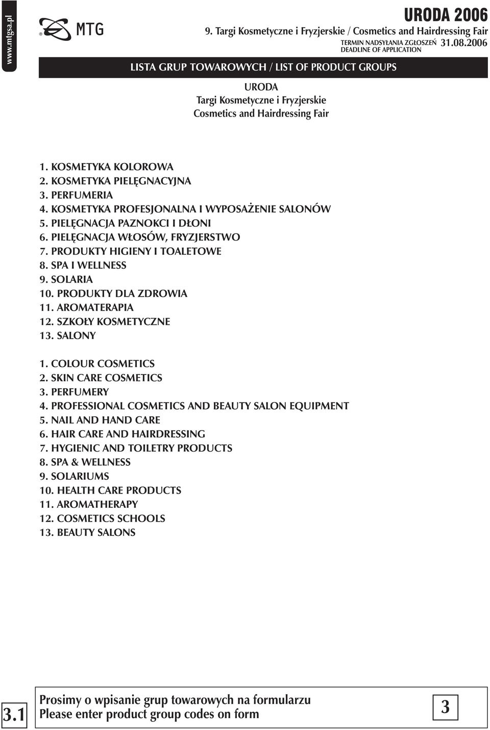 PRODUKTY HIGIENY I TOALETOWE 8. SPA I WELLNESS 9. SOLARIA 10. PRODUKTY DLA ZDROWIA 11. AROMATERAPIA 12. SZKO Y KOSMETYCZNE 13. SALONY 1. COLOUR COSMETICS 2. SKIN CARE COSMETICS 3. PERFUMERY 4.