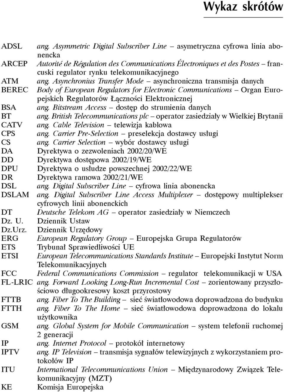 ang. Asynchronius Transfer Mode asynchroniczna transmisja danych BEREC Body of European Regulators for Electronic Communications Organ Europejskich Regulatorów Łączności Elektronicznej BSA ang.