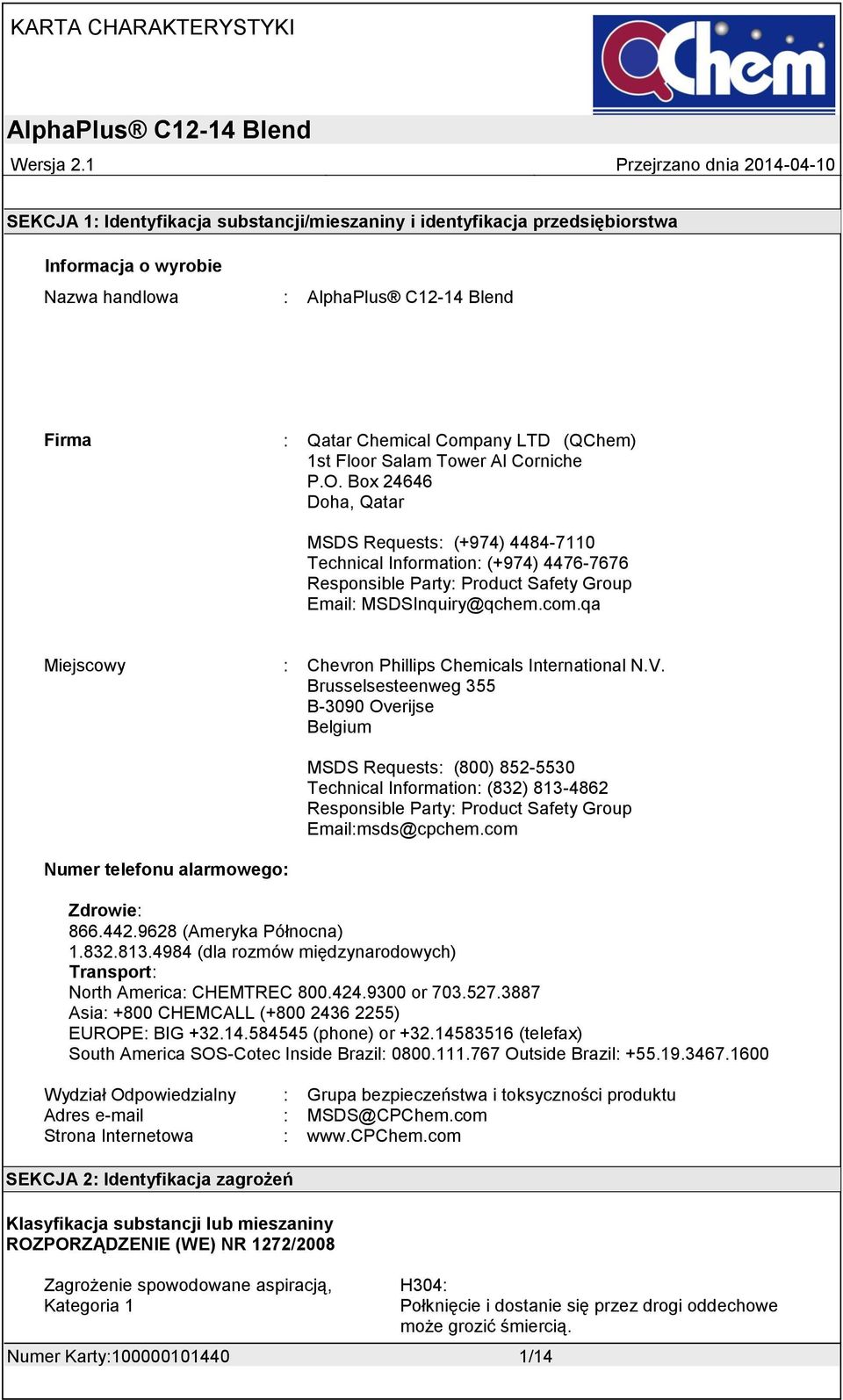 Box 24646 Doha, Qatar MSDS Requests: (+974) 4484-7110 Technical Information: (+974) 4476-7676 Responsible Party: Product Safety Group Email: MSDSInquiry@qchem.com.