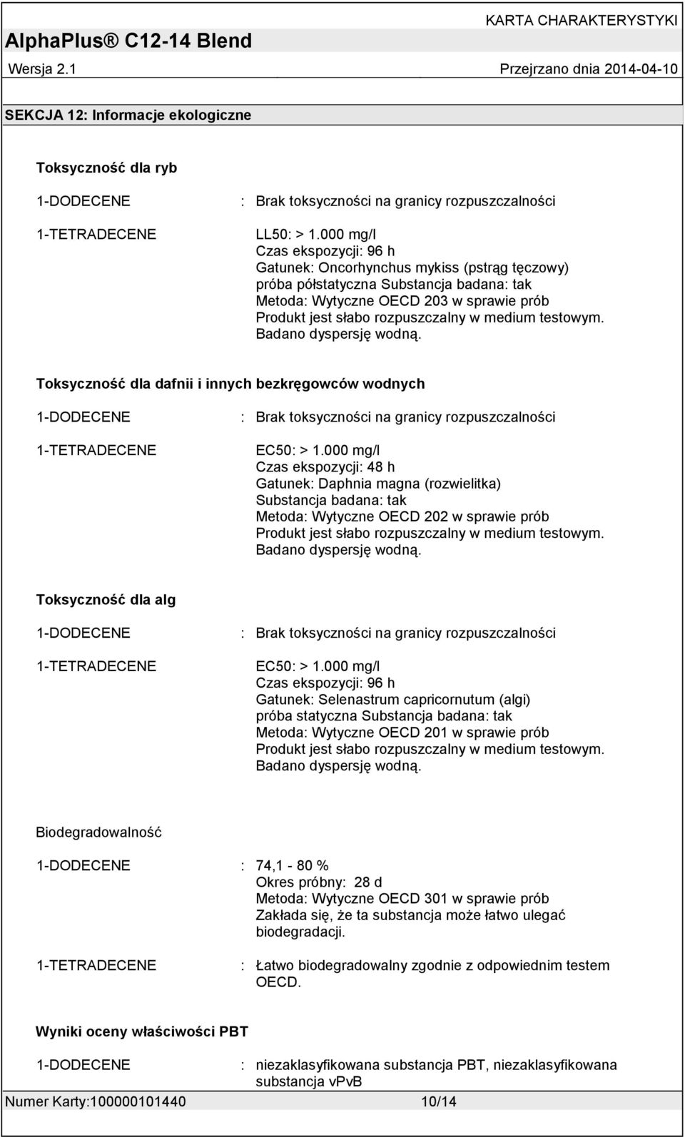 medium testowym. Badano dyspersję wodną. Toksyczność dla dafnii i innych bezkręgowców wodnych : Brak toksyczności na granicy rozpuszczalności EC50: > 1.