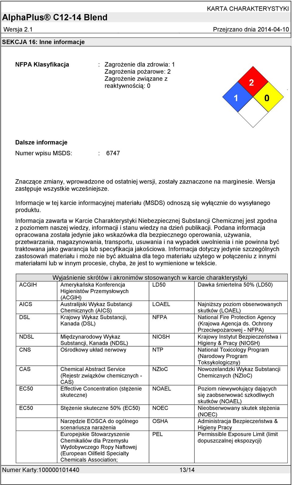 Informacje w tej karcie informacyjnej materiału (MSDS) odnoszą się wyłącznie do wysyłanego produktu.