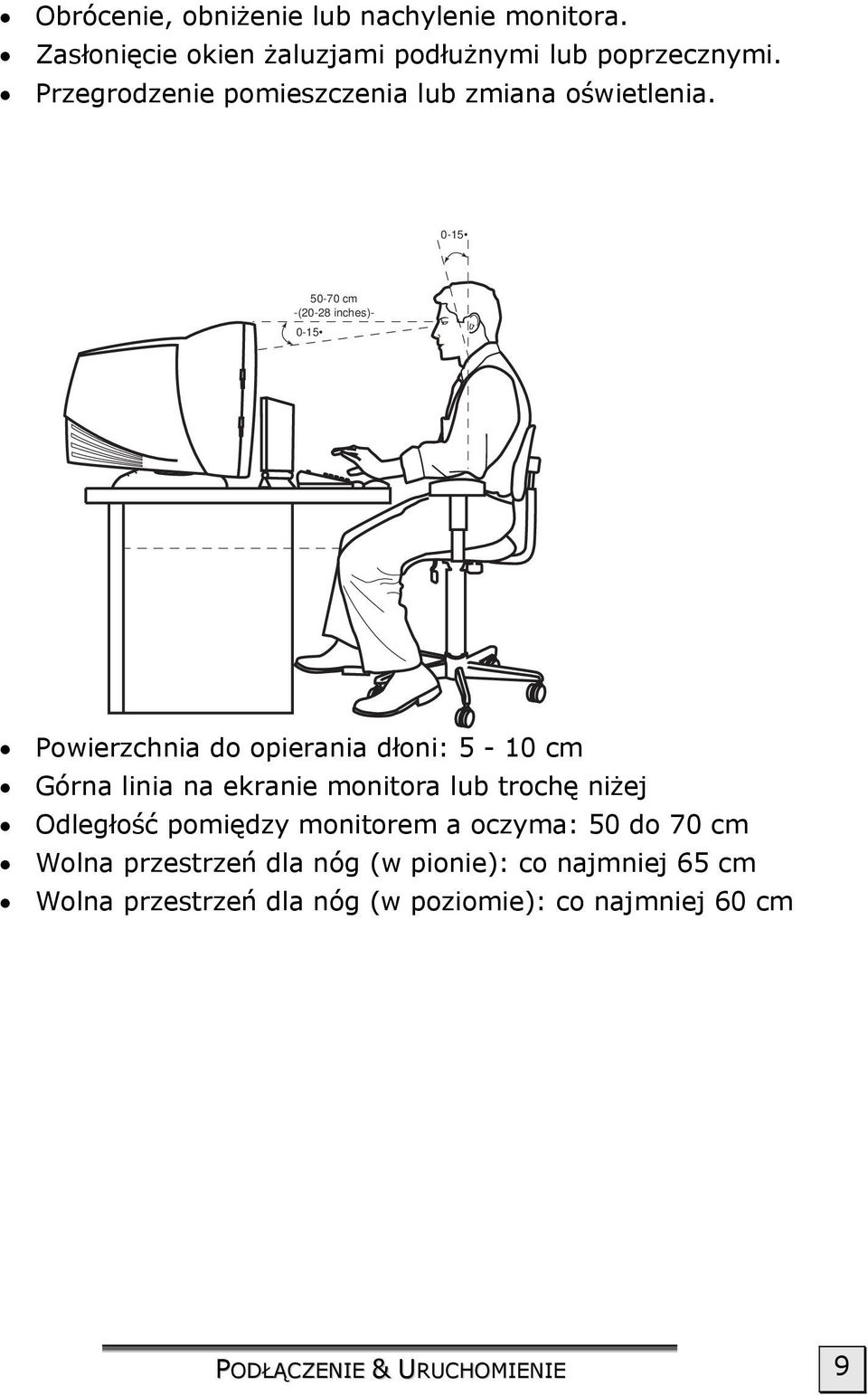 0-15 50-70 cm -(20-28 inches)- 0-15 Powierzchnia do opierania dłoni: 5-10 cm Górna linia na ekranie monitora lub