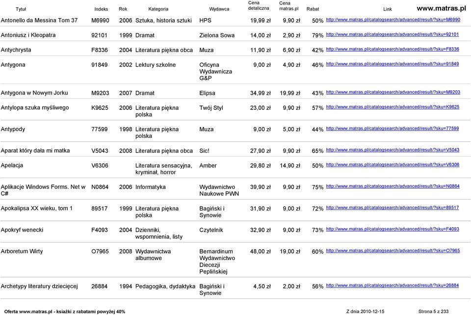 sku=92101 Antychrysta F8336 2004 Literatura piękna obca Muza 11,90 zł 6,90 zł 42% http://www.matras.pl/catalogsearch/advanced/result/?