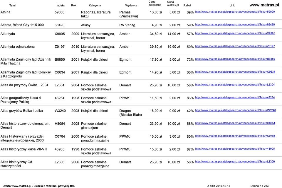 sku=68490 Atlantyda X9995 2009 Literatura sensacyjna, Amber 34,80 zł 14,90 zł 57% http://www.matras.pl/catalogsearch/advanced/result/?