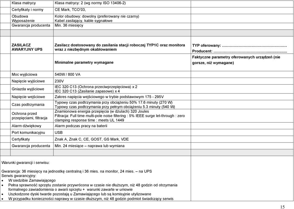 36 miesięcy ZASILACZ AWARYJNY UPS Zasilacz dostosowany do zasilania stacji roboczej TYP1C oraz monitora wraz z niezbędnym okablowaniem TYP oferowany: gorsze, niż wymagane) Moc wyjściowa 540W / 800 VA