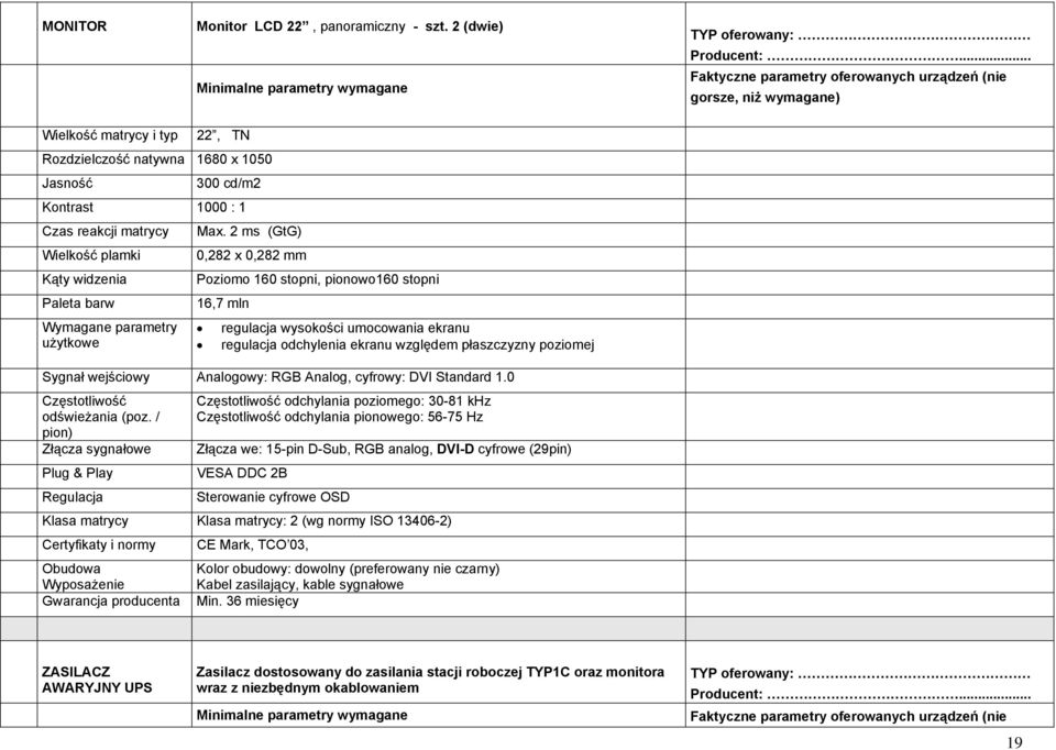 2 ms (GtG) Wielkość plamki 0,282 x 0,282 mm Kąty widzenia Poziomo 160 stopni, pionowo160 stopni Paleta barw 16,7 mln Wymagane parametry użytkowe regulacja wysokości umocowania ekranu regulacja