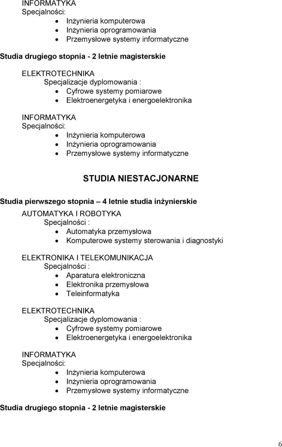 Studia pierwszego stopnia 4 letnie studia inŝynierskie AUTOMATYKA I ROBOTYKA Specjalności : Automatyka przemysłowa Komputerowe systemy sterowania i diagnostyki ELEKTRONIKA I TELEKOMUNIKACJA