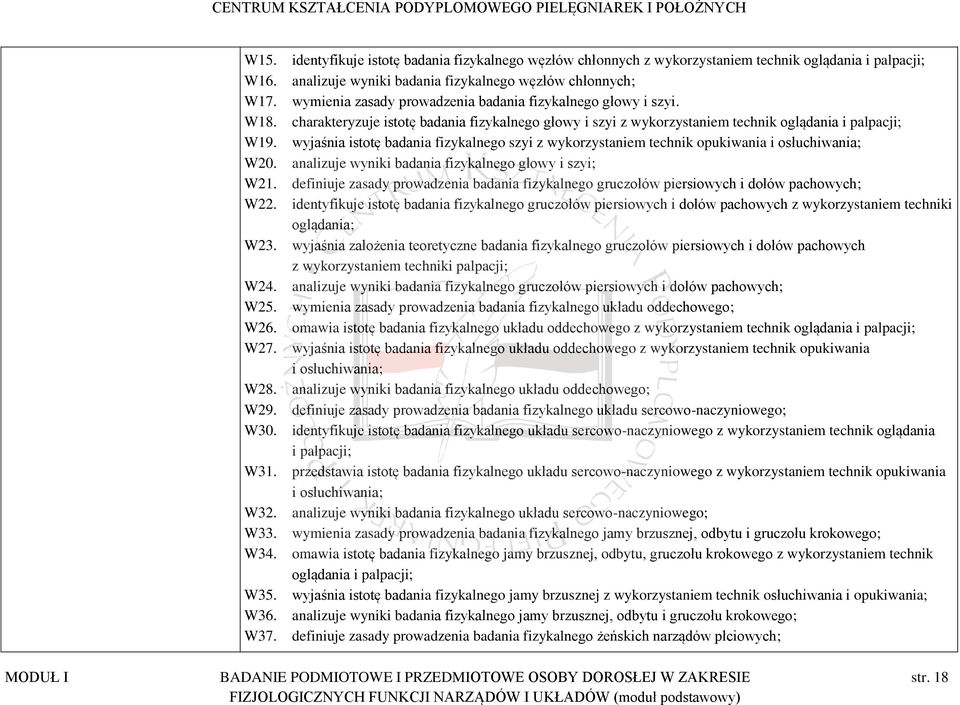 wyjaśnia istotę badania fizykalnego szyi z wykorzystaniem technik opukiwania i osłuchiwania; W20. analizuje wyniki badania fizykalnego głowy i szyi; W21.