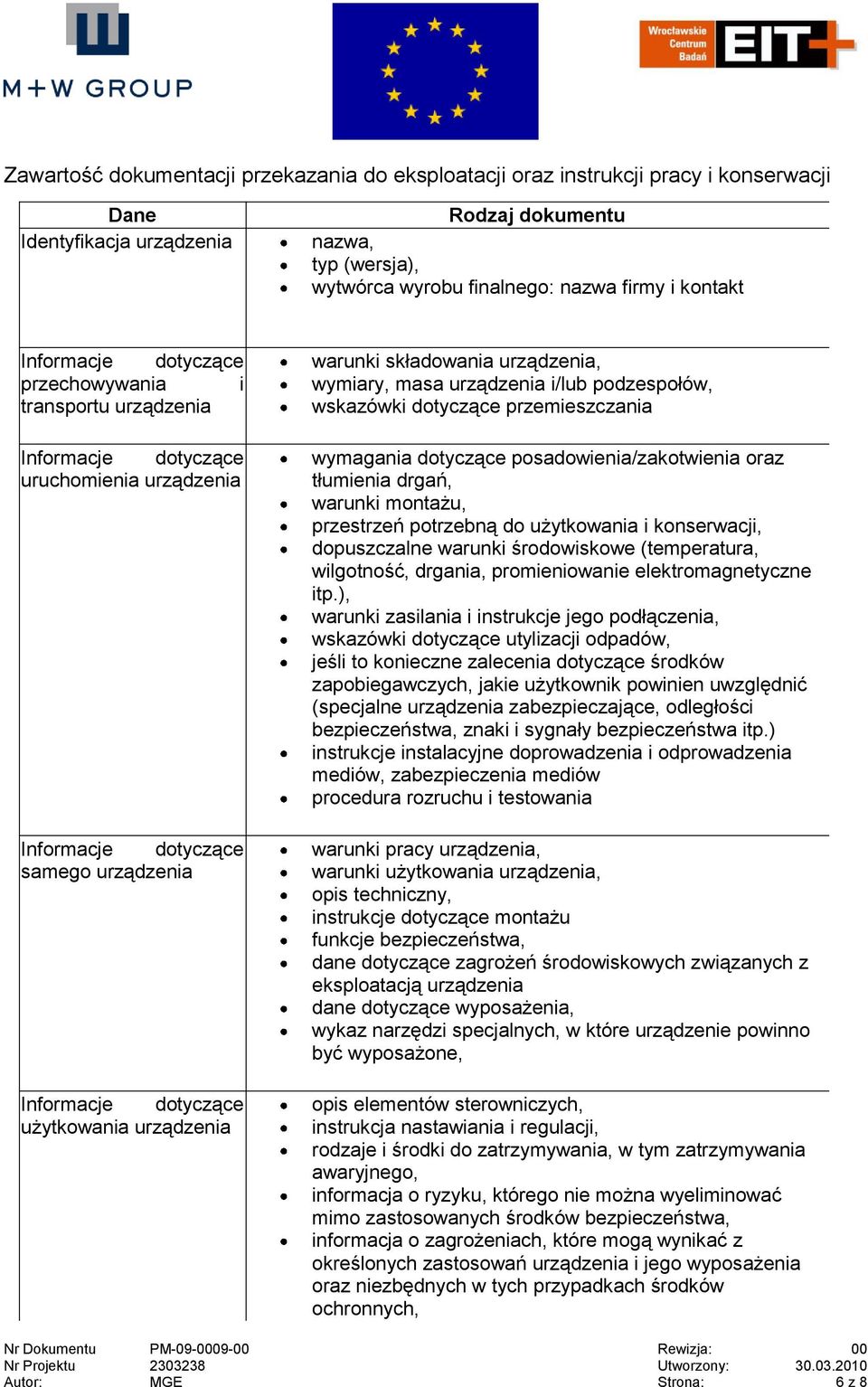 warunki składowania urządzenia, wymiary, masa urządzenia i/lub podzespołów, wskazówki dotyczące przemieszczania wymagania dotyczące posadowienia/zakotwienia oraz tłumienia drgań, warunki montażu,