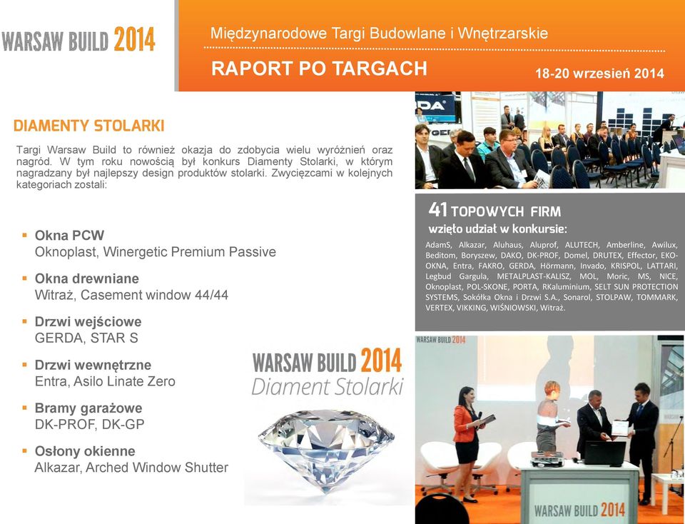 Zwycięzcami w kolejnych kategoriach zostali: Okna PCW Oknoplast, Winergetic Premium Passive Okna drewniane Witraż, Casement window 44/44 Drzwi wejściowe GERDA, STAR S 41 TOPOWYCH FIRM wzięło udział w
