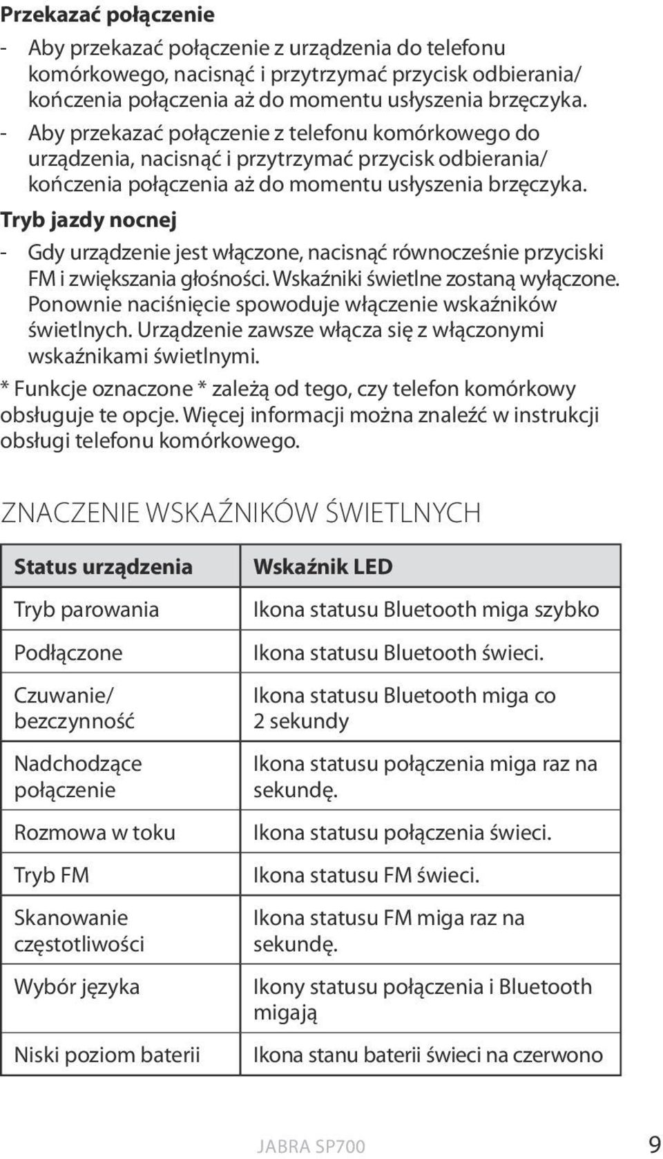 Tryb jazdy nocnej - Gdy urządzenie jest włączone, nacisnąć równocześnie przyciski FM i zwiększania głośności. Wskaźniki świetlne zostaną wyłączone.