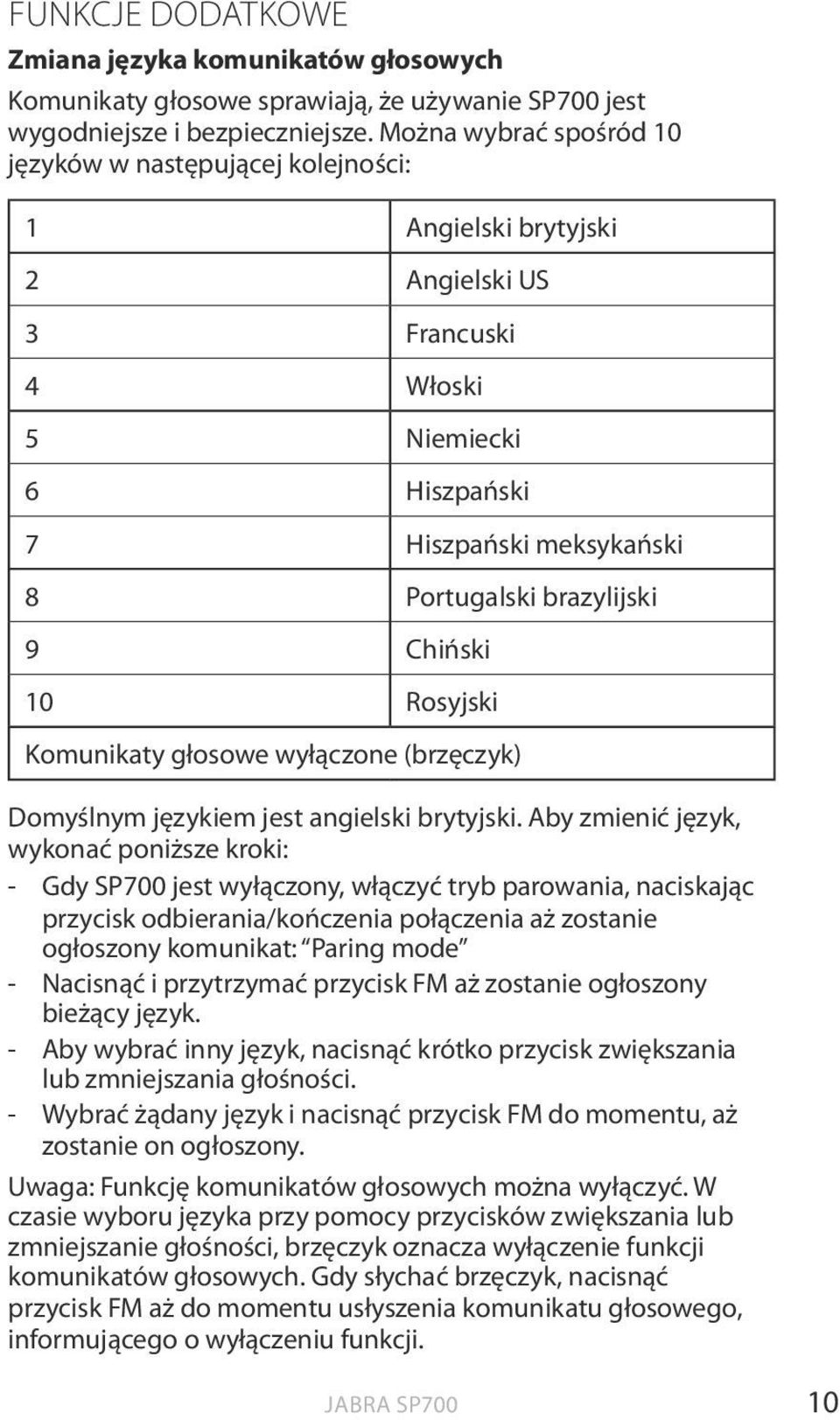 Chiński 10 Rosyjski Komunikaty głosowe wyłączone (brzęczyk) Domyślnym językiem jest angielski brytyjski.