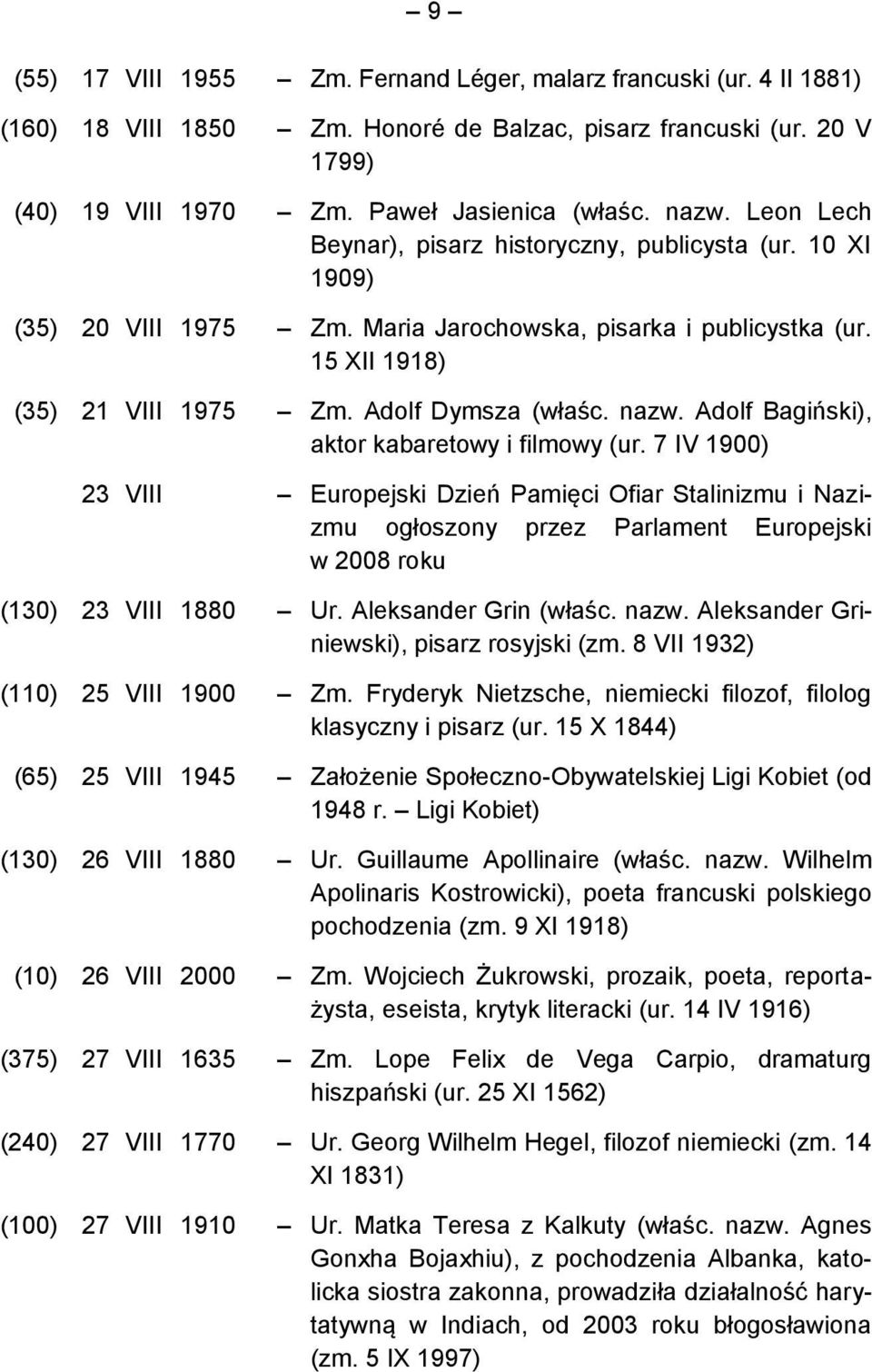 Adolf Bagiński), aktor kabaretowy i filmowy (ur. 7 IV 1900) 23 VIII Europejski Dzień Pamięci Ofiar Stalinizmu i Nazizmu ogłoszony przez Parlament Europejski w 2008 roku (130) 23 VIII 1880 Ur.