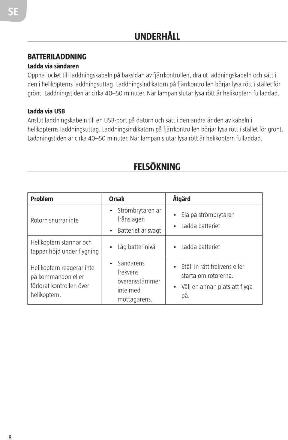 Ladda via USB Anslut laddningskabeln till en USB-port på datorn och sätt i den andra änden av kabeln i helikopterns laddningsuttag.