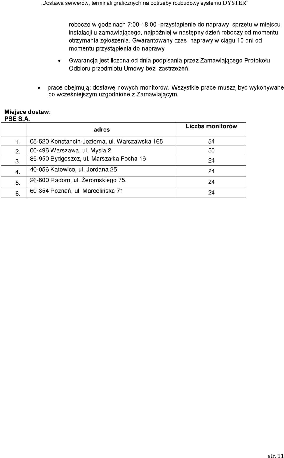 prace obejmują: dostawę nowych monitorów. Wszystkie prace muszą być wykonywane po wcześniejszym uzgodnione z Zamawiającym. Miejsce dostaw: PSE S.A. adres Liczba monitorów 1.