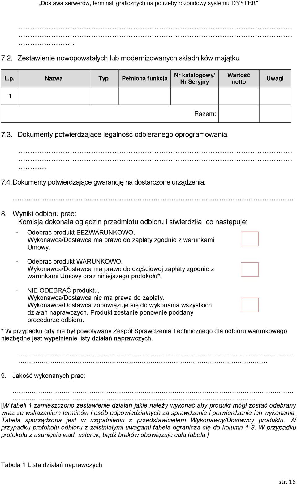 Wyniki odbioru prac: Komisja dokonała oględzin przedmiotu odbioru i stwierdziła, co następuje: Odebrać produkt BEZWARUNKOWO. Wykonawca/Dostawca ma prawo do zapłaty zgodnie z warunkami Umowy.