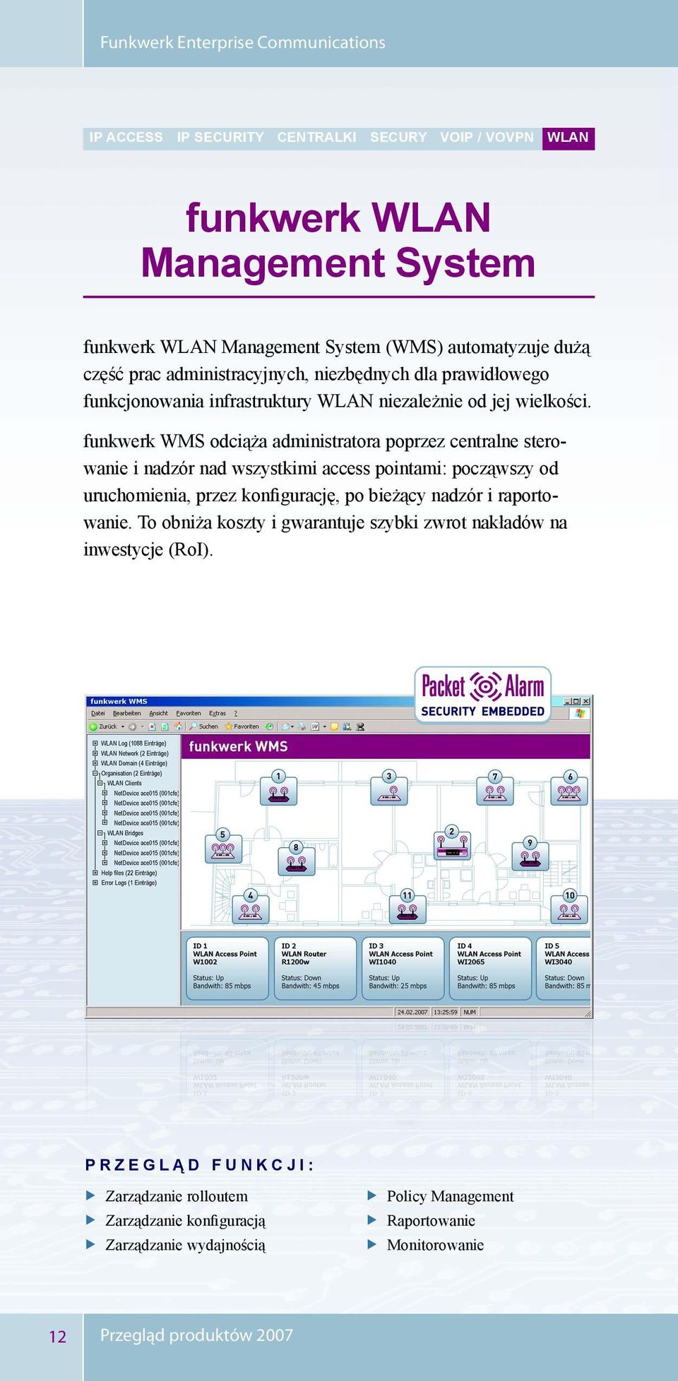 funkwerk WMS odciąża administratora poprzez centralne sterowanie i nadzór nad wszystkimi access pointami: począwszy od uruchomienia, przez konfigurację, po bieżący