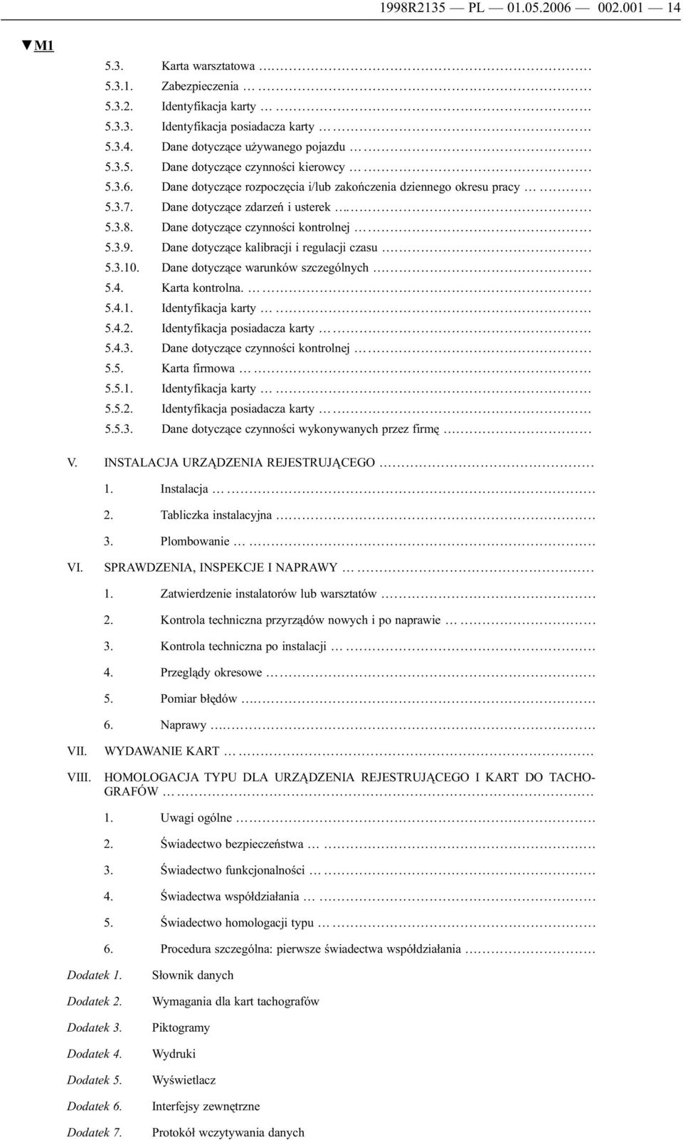 Dane dotyczące kalibracji i regulacji czasu... 5.3.10. Dane dotyczące warunków szczególnych... 5.4. Karta kontrolna.... 5.4.1. Identyfikacja karty... 5.4.2. Identyfikacja posiadacza karty... 5.4.3. Dane dotyczące czynności kontrolnej.