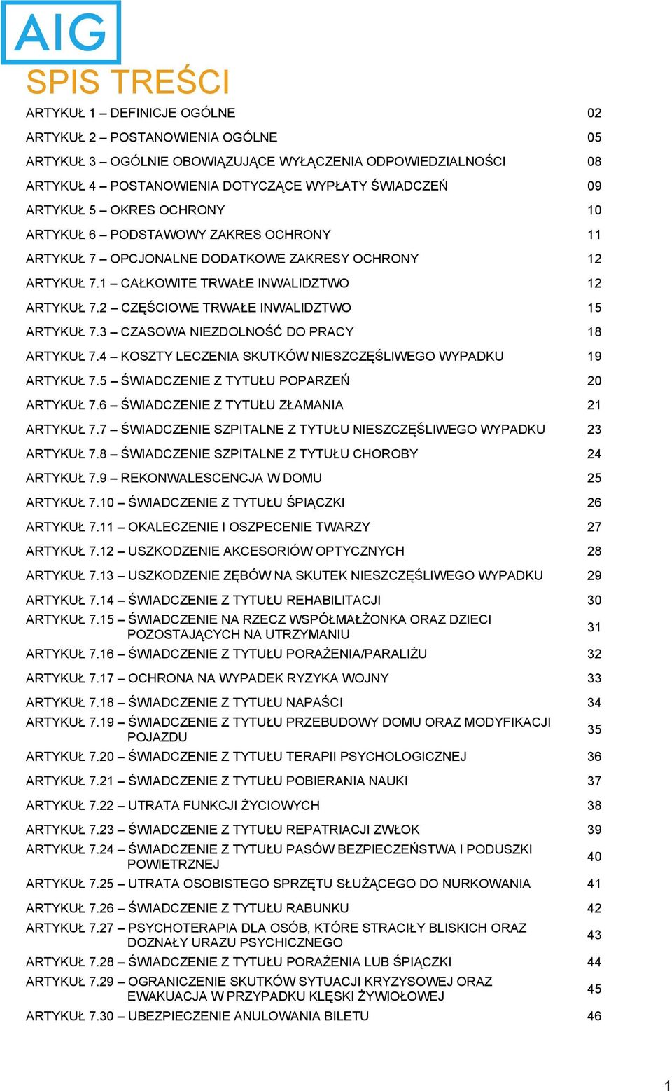 2 CZĘŚCIOWE TRWAŁE INWALIDZTWO 15 ARTYKUŁ 7.3 CZASOWA NIEZDOLNOŚĆ DO PRACY 18 ARTYKUŁ 7.4 KOSZTY LECZENIA SKUTKÓW NIESZCZĘŚLIWEGO WYPADKU 19 ARTYKUŁ 7.5 ŚWIADCZENIE Z TYTUŁU POPARZEŃ 20 ARTYKUŁ 7.