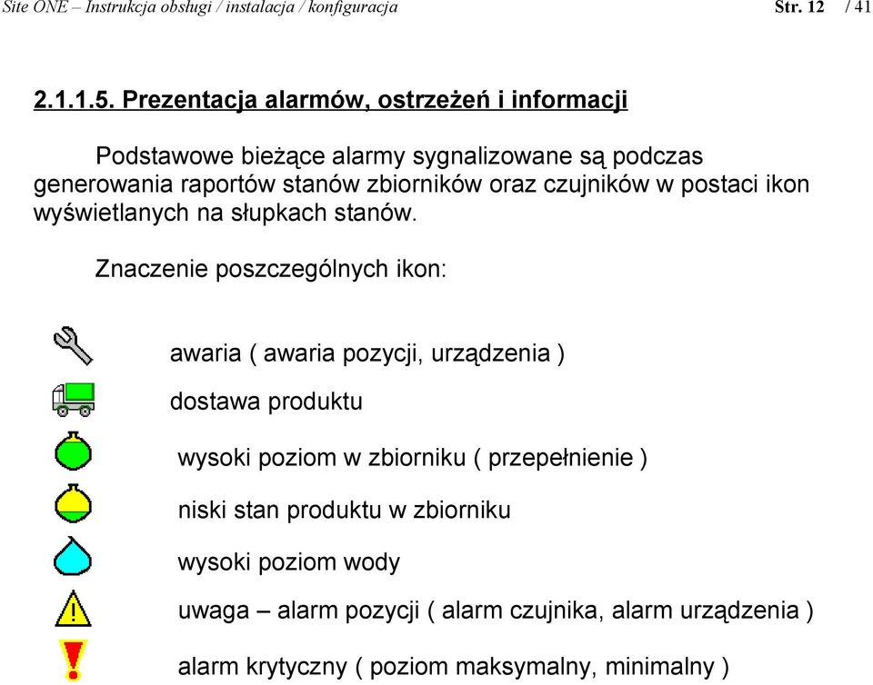 czujników w postaci ikon wyświetlanych na słupkach stanów.