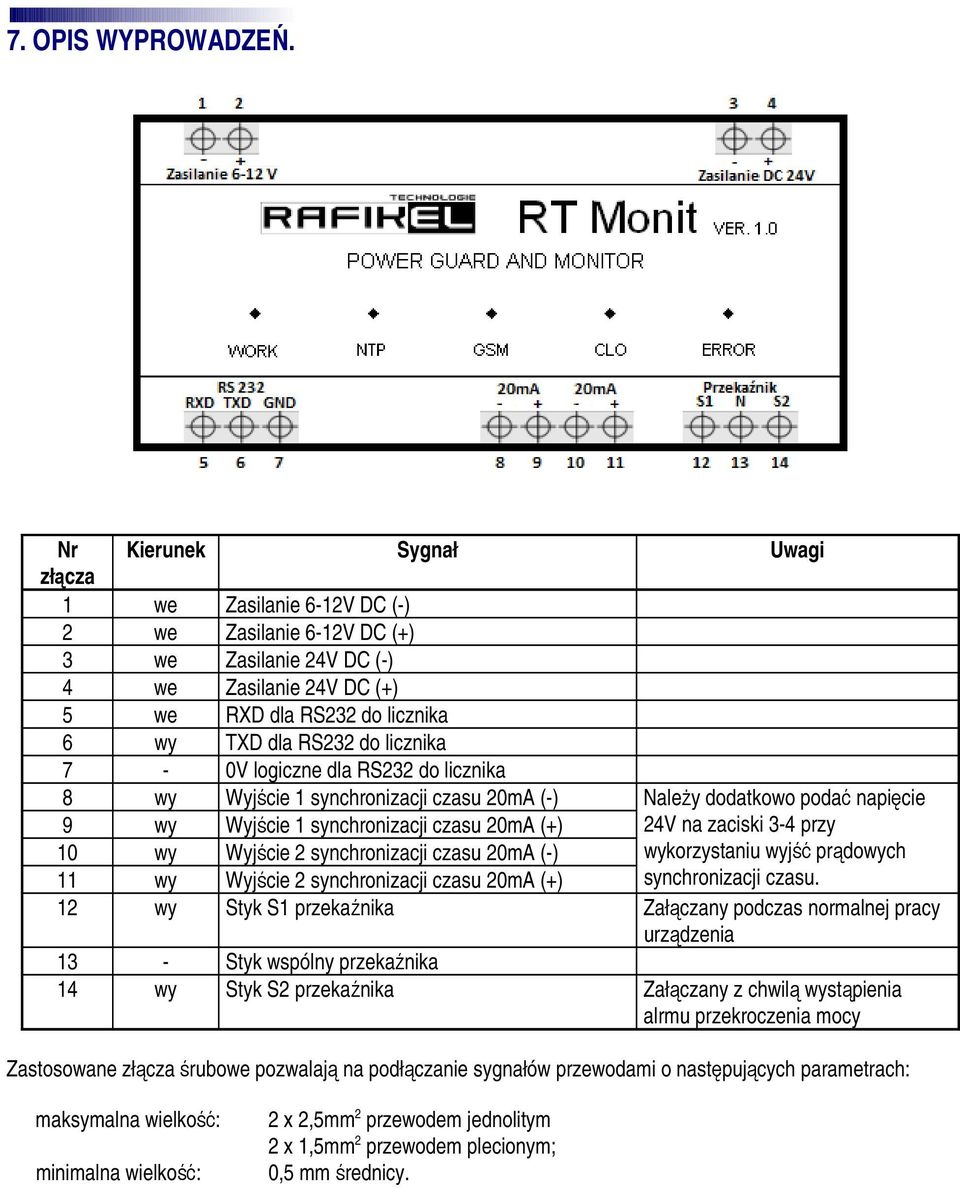 licznika 7-0V logiczne dla RS232 do licznika 8 wy Wyjście 1 synchronizacji czasu 20mA (-) NaleŜy dodatkowo podać napięcie 9 wy Wyjście 1 synchronizacji czasu 20mA (+) 24V na zaciski 3-4 przy 10 wy