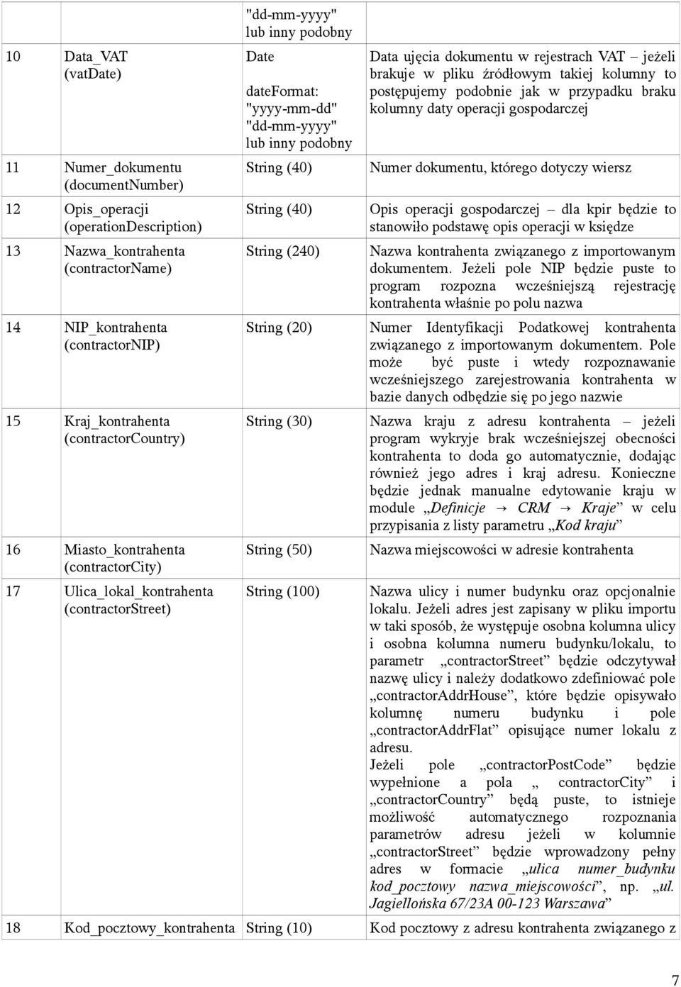 String (40) String (40) String (240) String (20) String (30) String (50) String (100) Data ujęcia dokumentu w rejestrach VAT jeżeli brakuje w pliku źródłowym takiej kolumny to postępujemy podobnie